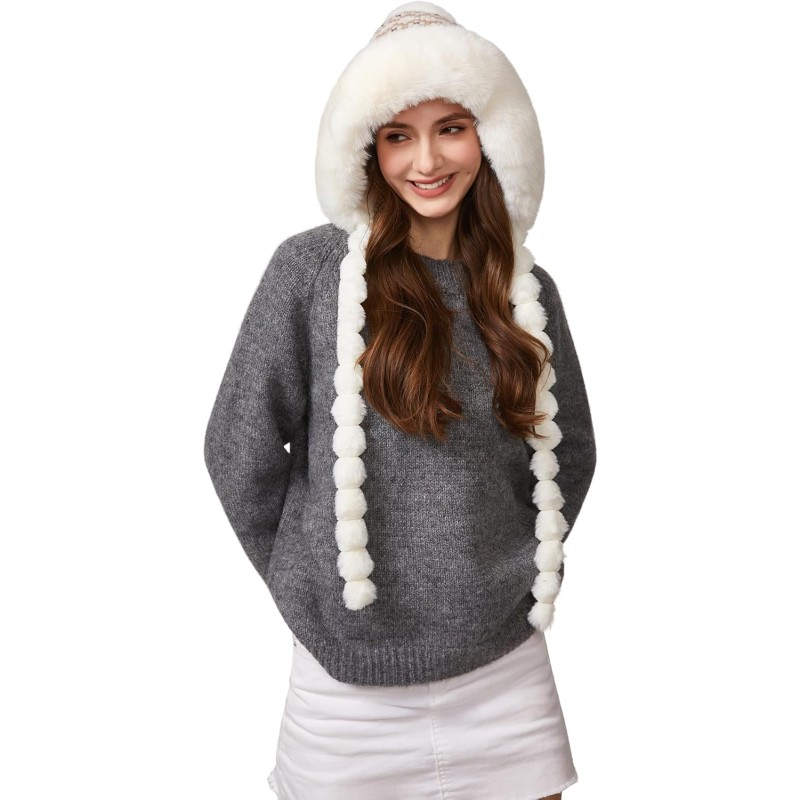 HUAMULAN Women's Fleece Lined Earflap Pom Pom Ski Hat HUAMULAN Women's Cream Floral Winter Beanie with Pom Poms