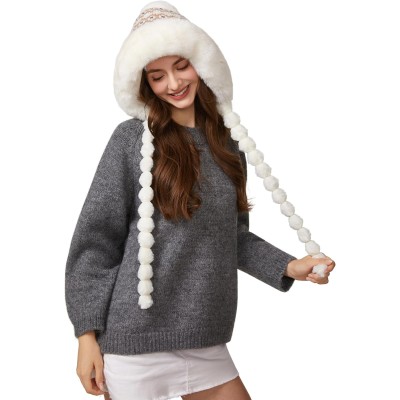 HUAMULAN Women's Fleece Lined Earflap Pom Pom Ski Hat HUAMULAN Women's Cream Floral Winter Beanie with Pom Poms