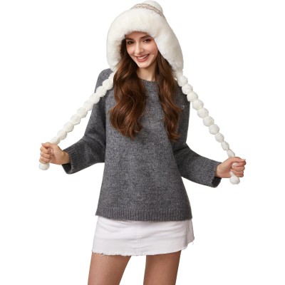 HUAMULAN Women's Fleece Lined Earflap Pom Pom Ski Hat HUAMULAN Women's Cream Floral Winter Beanie with Pom Poms