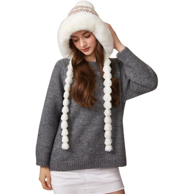HUAMULAN Women's Fleece Lined Earflap Pom Pom Ski Hat HUAMULAN Women's Cream Floral Winter Beanie with Pom Poms