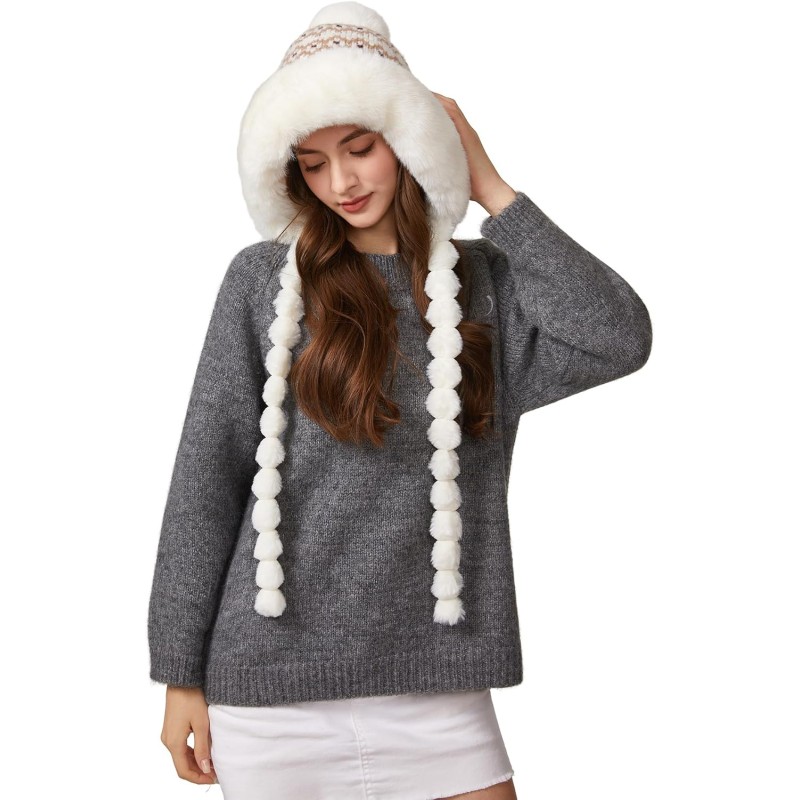 HUAMULAN Women's Fleece Lined Earflap Pom Pom Ski Hat HUAMULAN Women's Cream Floral Winter Beanie with Pom Poms