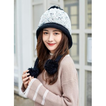 Women's Winter Peruvian Ear Flap Beanie, Sherpa Fleece Lined 3 Pom Pom Ponytail Ski Hat, White/Black One Size
