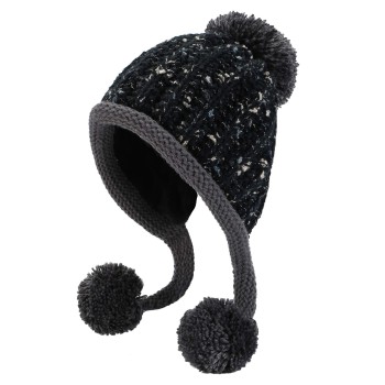 Women's Winter Peruvian Knit Ear Flap Beanie Fleece Lined 3 Pom Pom Ponytail Ski Hat One Size Black