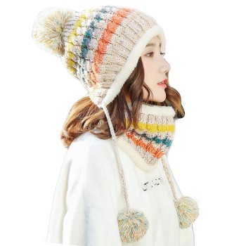 Women's Winter Beanie & Circle Scarf Set – Fleece-Lined, Ear Flaps, Pompom, Cold Weather Warmth