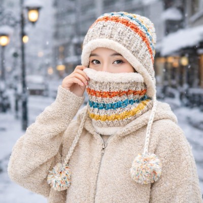 Women wearing fleece-lined winter beanie and circle scarf set with ear flaps and pompom