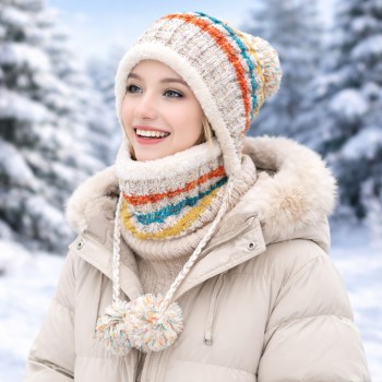 Women's Winter Beanie & Circle Scarf Set – Fleece-Lined, Ear Flaps, Pompom, Cold Weather Warmth