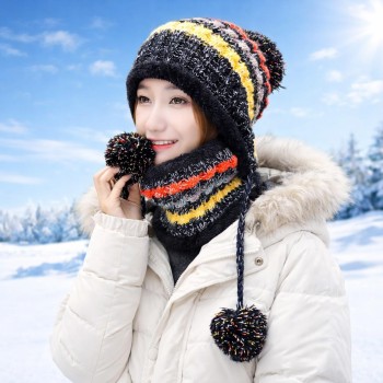 Women's Winter Beanie & Circle Scarf Set - Fleece Lined, Warm Chunky Knit (Black)
