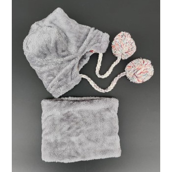 Women's Winter Beanie & Circle Scarf Set - Fleece Lined, Pompoms, Gray