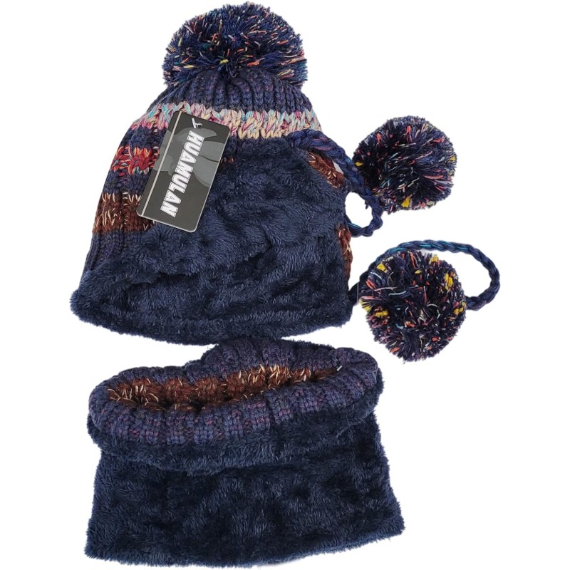 Women wearing fleece lined winter beanie with ear flaps and pompom, matching Peruvian knit scarf set