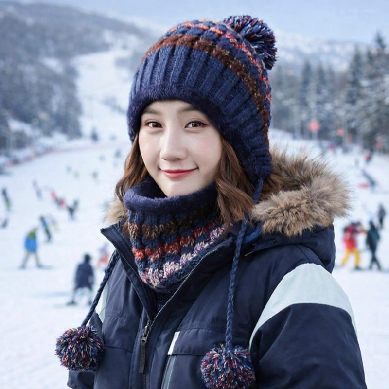 Women wearing fleece lined winter beanie with ear flaps and pompom, matching Peruvian knit scarf set