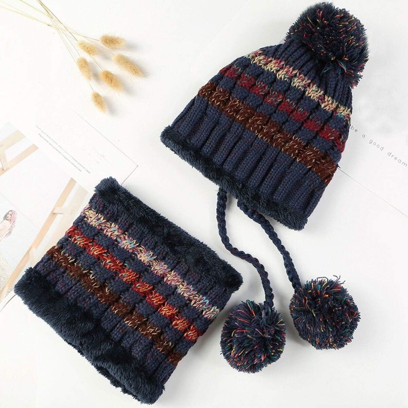 Women wearing fleece lined winter beanie with ear flaps and pompom, matching Peruvian knit scarf set