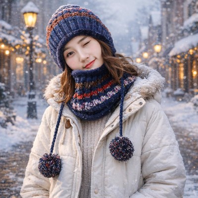 Women wearing fleece lined winter beanie with ear flaps and pompom, matching Peruvian knit scarf set