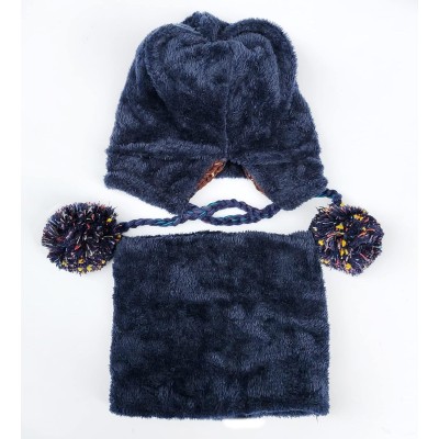 Women wearing fleece lined winter beanie with ear flaps and pompom, matching Peruvian knit scarf set