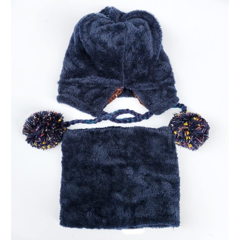 Women wearing fleece lined winter beanie with ear flaps and pompom, matching Peruvian knit scarf set