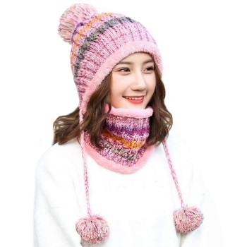 Women's Peruvian Winter Beanie & Scarf Set - Fleece Lined, Pom Pom, Pink