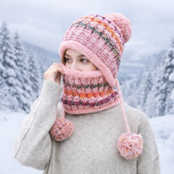 Women's Peruvian Winter Beanie & Scarf Set - Fleece Lined, Pom Pom, Pink