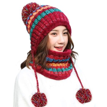 Women's Red Peruvian Beanie & Circle Scarf Set - Fleece-Lined, Warm Hat with Pompoms & Ear Flaps