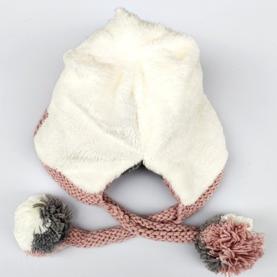 Women Winter Peruvian Ear Flap Beanie Hat in Gray and Pink