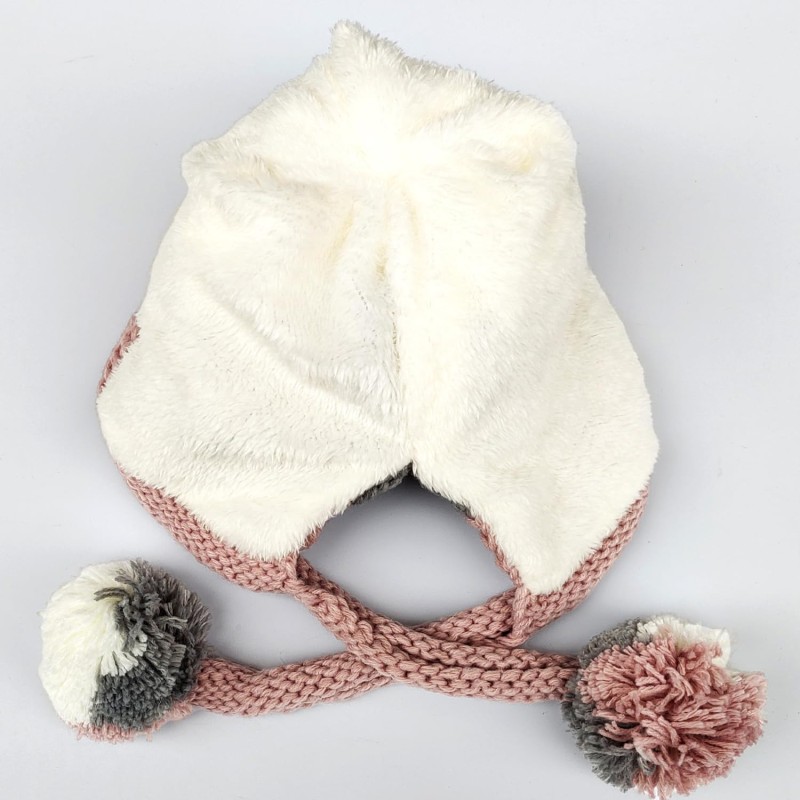 Women Winter Peruvian Ear Flap Beanie Hat in Gray and Pink