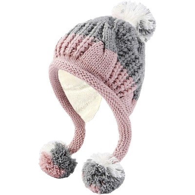 Women Winter Peruvian Ear Flap Beanie Hat in Gray and Pink