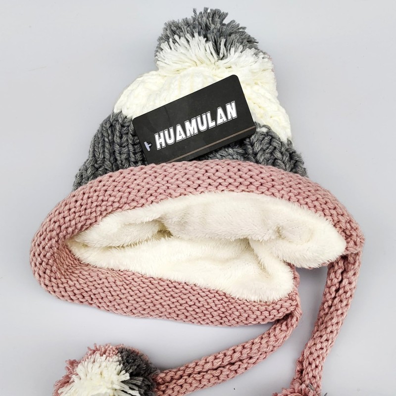 Women Winter Peruvian Ear Flap Beanie Hat in Gray and Pink