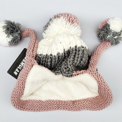 Women Winter Peruvian Ear Flap Beanie Hat in Gray and Pink