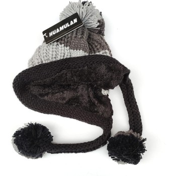 Women’s Winter Peruvian Beanie Ear Flaps Sherpa Lined 3 Pom Pom Ponytail Ski Hat Grey/Black One Size