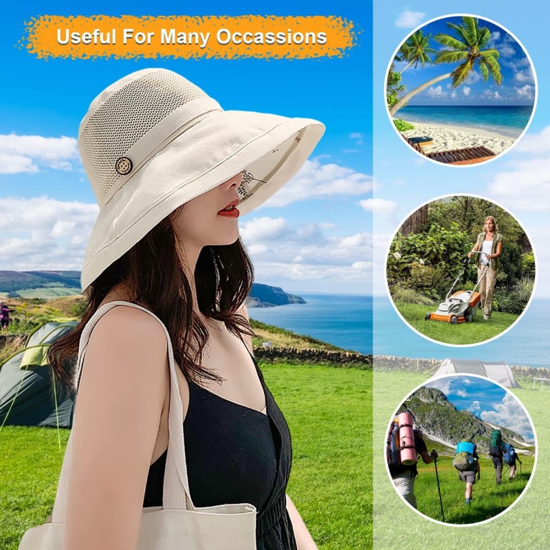 Women's Wide Brim Sun Hat – UPF 50+ Mesh Crown and Adjustable Chin Strap Women wearing wide brim sun hat with mesh crown and chin strap outdoors