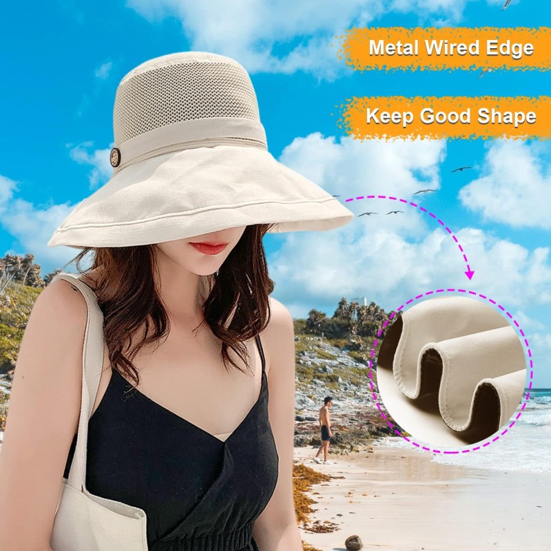 Women's Wide Brim Sun Hat – UPF 50+ Mesh Crown and Adjustable Chin Strap Women wearing wide brim sun hat with mesh crown and chin strap outdoors