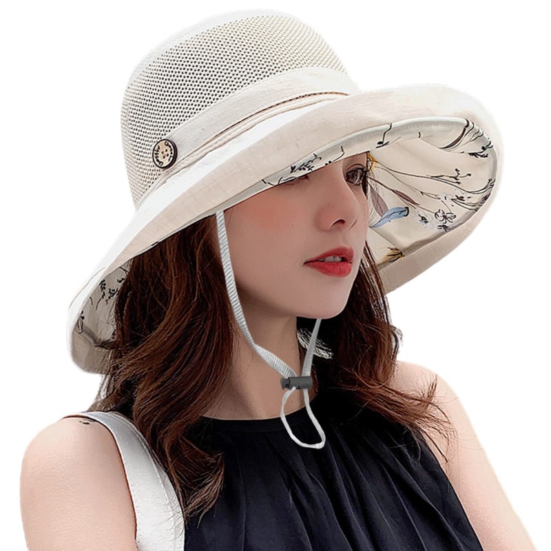 Women's Wide Brim Sun Hat – UPF 50+ Mesh Crown and Adjustable Chin Strap Women wearing wide brim sun hat with mesh crown and chin strap outdoors