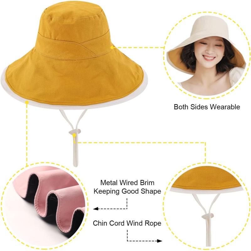 Women's Foldable Reversible Sun Hat Woman wearing a wide brim sun hat with UV protection