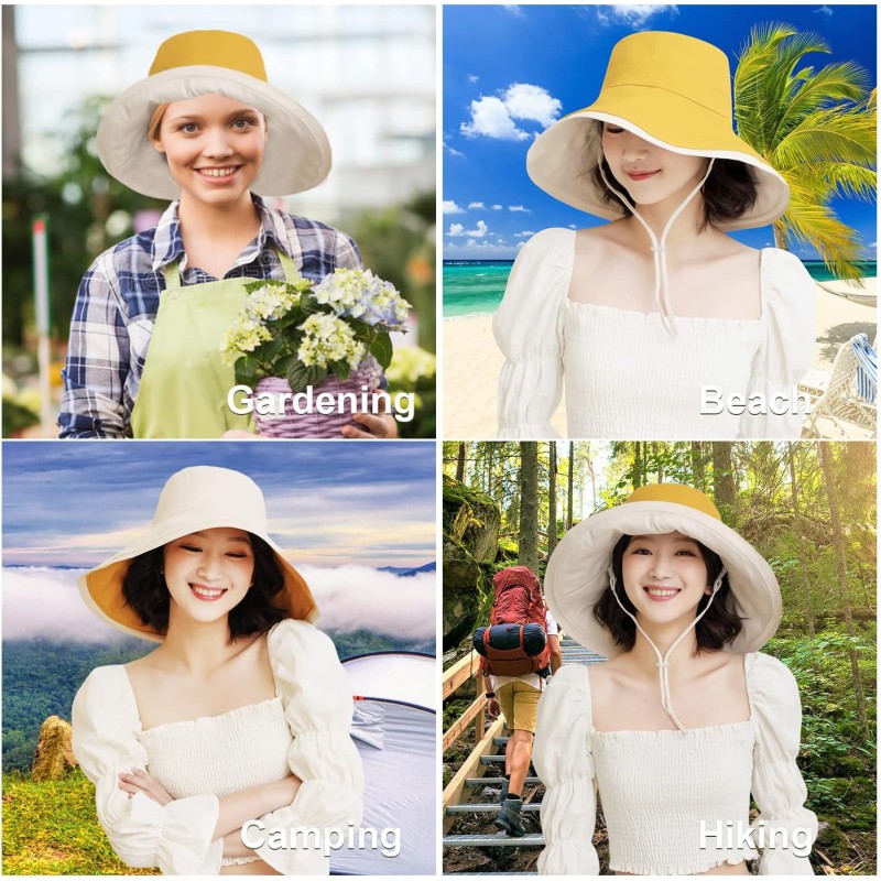 Women's Foldable Reversible Sun Hat Woman wearing a wide brim sun hat with UV protection