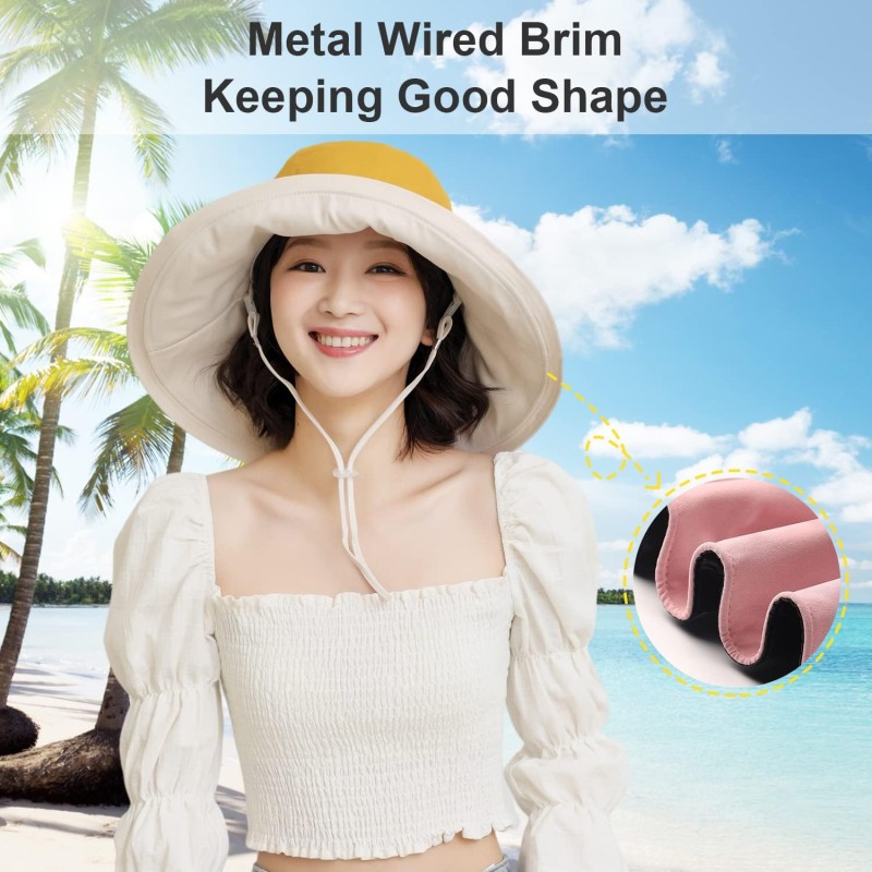 Women's Foldable Reversible Sun Hat Woman wearing a wide brim sun hat with UV protection