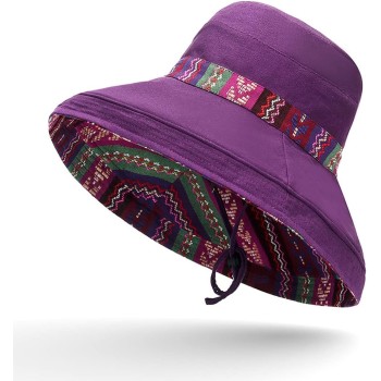 Women's Wide Brim Bohemian Sun Hat with UV Protection & Chin Strap
