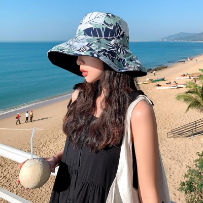 Women's Reversible Wide Brim Sun Hat – UV Protection & Foldable Beach Hat Women wearing a reversible wide brim sun hat with UV protection at the beach