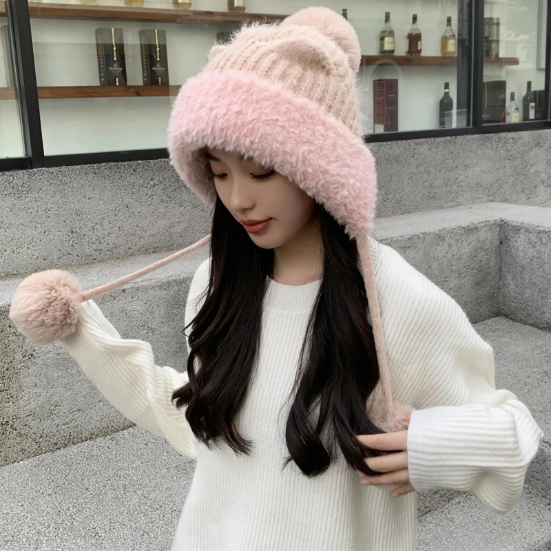 HUAMULAN Pink Winter Sherpa Beanie for Skiing with Ear Flaps HUAMULAN Women’s Pink Sherpa Beanie with Ear Flaps and Ponytail Opening