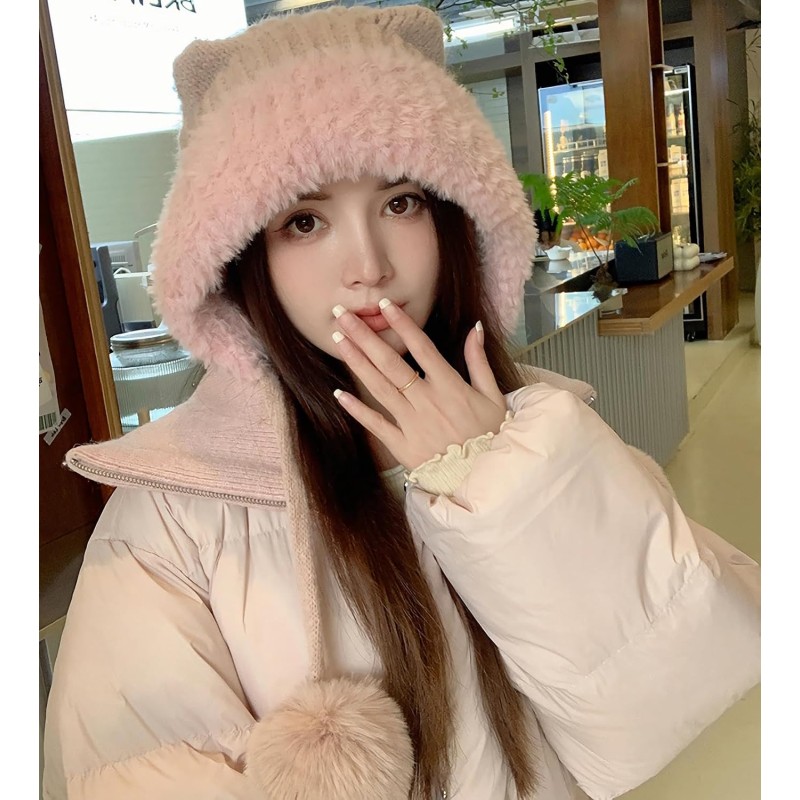HUAMULAN Pink Winter Sherpa Beanie for Skiing with Ear Flaps HUAMULAN Women’s Pink Sherpa Beanie with Ear Flaps and Ponytail Opening