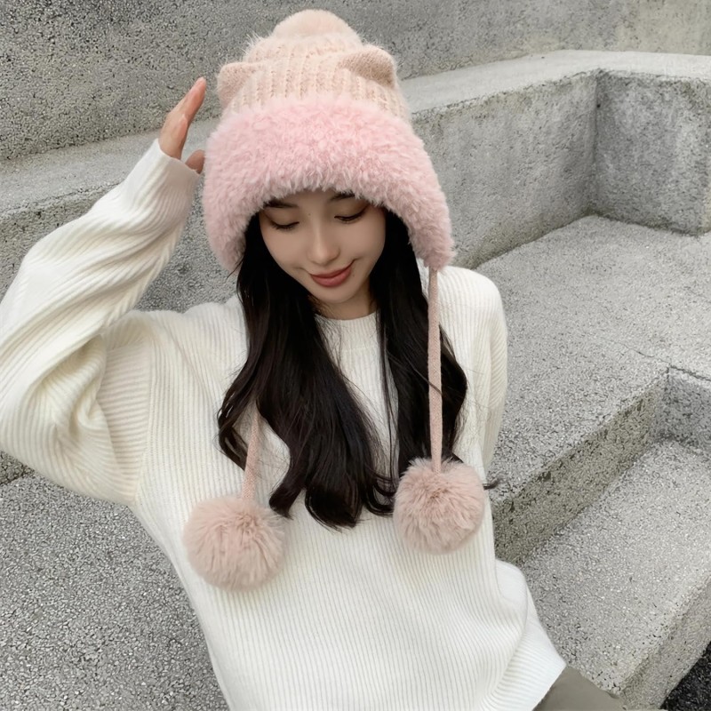 HUAMULAN Pink Winter Sherpa Beanie for Skiing with Ear Flaps HUAMULAN Women’s Pink Sherpa Beanie with Ear Flaps and Ponytail Opening