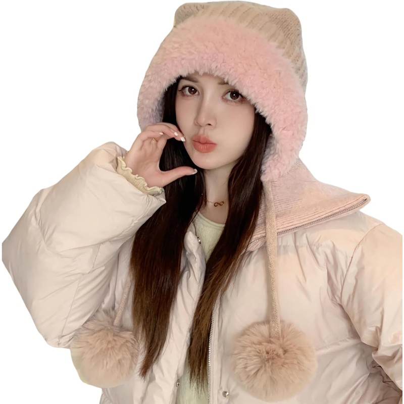 HUAMULAN Pink Winter Sherpa Beanie for Skiing with Ear Flaps HUAMULAN Women’s Pink Sherpa Beanie with Ear Flaps and Ponytail Opening