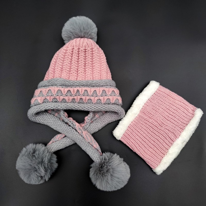 HUAMULAN beige pompom beanie scarf set with ear flaps, ponytail-friendly knit hat