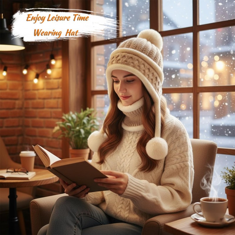 HUAMULAN beige pompom beanie scarf set with ear flaps, ponytail-friendly knit hat