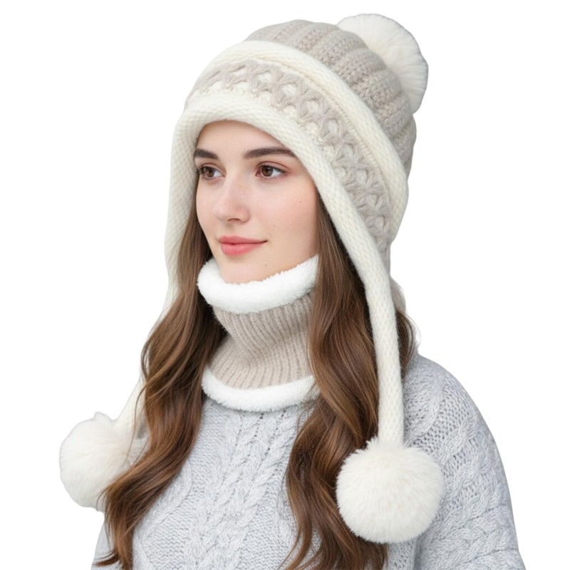 HUAMULAN beige pompom beanie scarf set with ear flaps, ponytail-friendly knit hat