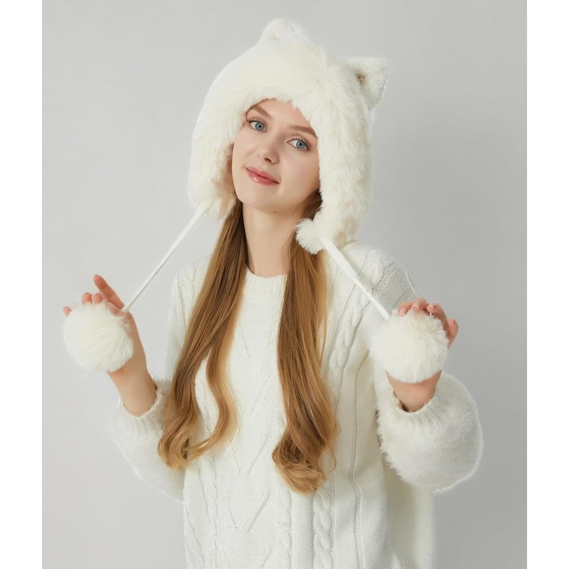Cream White Fleece Lined Peruvian Ear Flap Beanie Cream White Women’s Peruvian Ear Flap Beanie with 3 Pom Poms