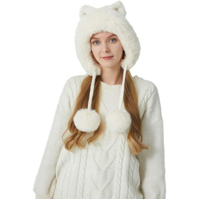 Cream White Fleece Lined Peruvian Ear Flap Beanie Cream White Women’s Peruvian Ear Flap Beanie with 3 Pom Poms