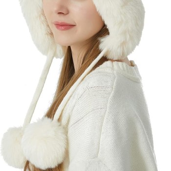 Women’s Winter Peruvian Ear Flap Beanie – Fleece Lined 3 Pom Pom Knit Hat, Cream White, Ponytail Ski Snow Hat