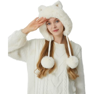 Cream White Fleece Lined Peruvian Ear Flap Beanie Cream White Women’s Peruvian Ear Flap Beanie with 3 Pom Poms