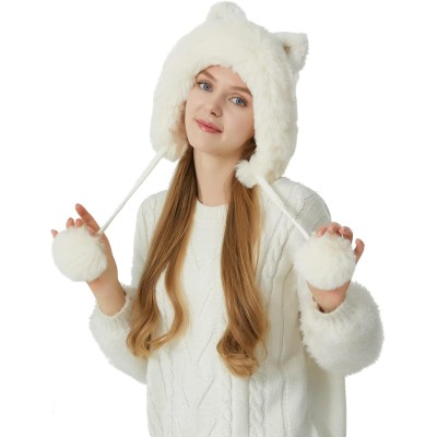 Cream White Fleece Lined Peruvian Ear Flap Beanie Cream White Women’s Peruvian Ear Flap Beanie with 3 Pom Poms