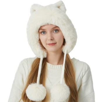 Women’s Winter Peruvian Ear Flap Beanie – Fleece Lined 3 Pom Pom Knit Hat, Cream White, Ponytail Ski Snow Hat