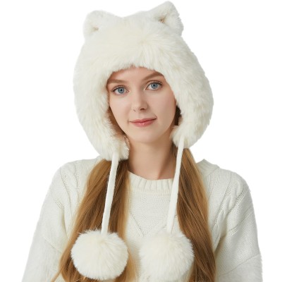 Cream White Fleece Lined Peruvian Ear Flap Beanie Cream White Women’s Peruvian Ear Flap Beanie with 3 Pom Poms