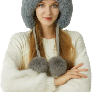 Women's Winter Knit Peruvian Beanie, Ear Flaps, Sherpa Lined, 3 Pom Poms, Ponytail Friendly, Grey, One Size Women's Winter Knit Peruvian Beanie, Ear Flaps, Sherpa Lined, 3 Pom Poms, Ponytail Friendly, Grey, One Size